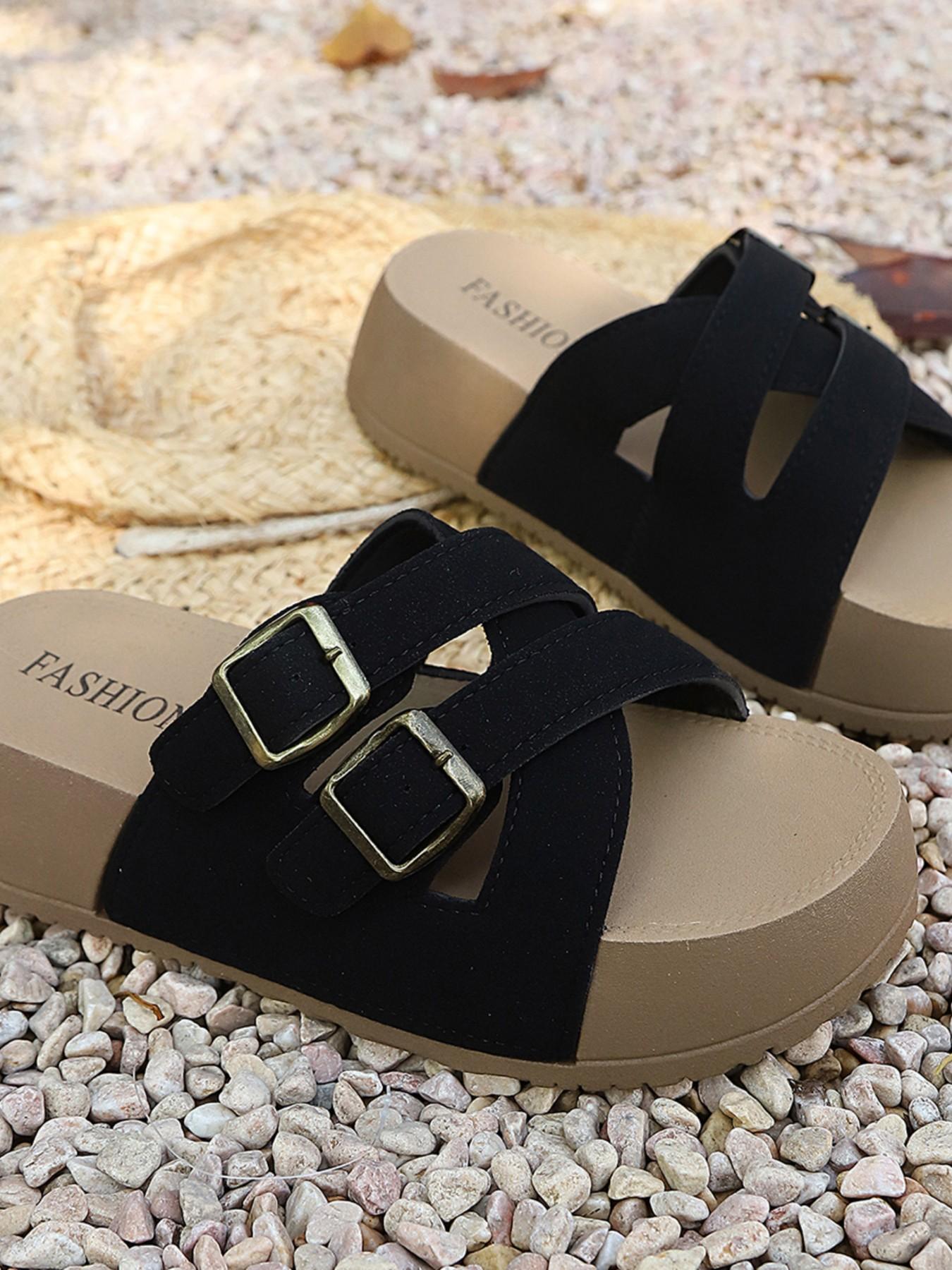 Cross Strap Double Buckle Thick Sole Sandals, Metal Buckle Relaxed Style, Outdoor Versatile Women's Shoes, All Seasons PU Leather