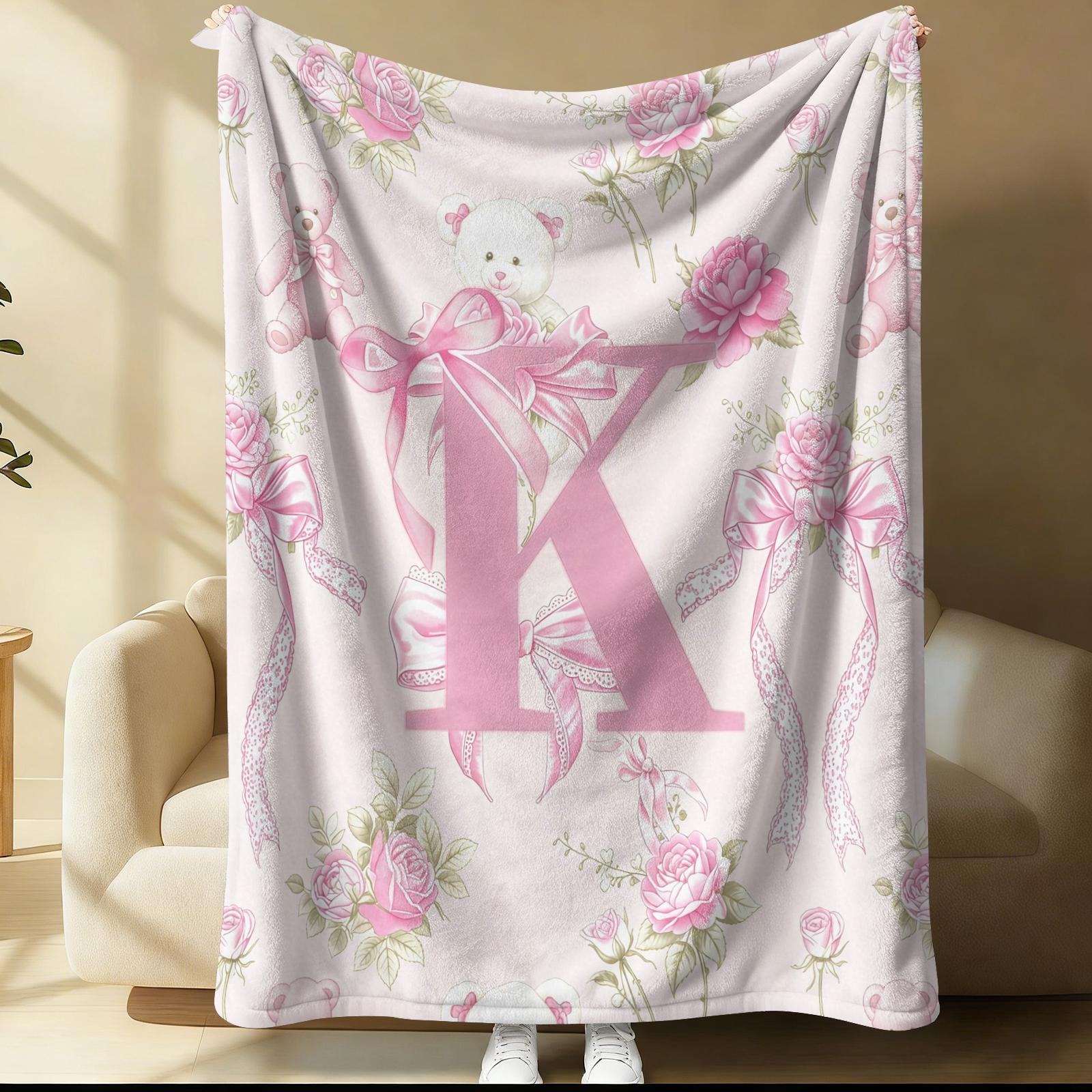 Pink Coquette Initial Letter Throw Blanket, Soft Fuzzy Plush, Teddy Bear & Rose Floral, Girly Bow Print, Lightweight for Couch Bed Office, All Seasons, Aesthetic Room Decor, Perfect Gift