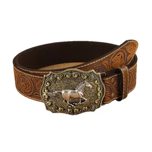 Trendy Men’s Western Belt with 3D Galloping Horse Buckle & Tooled Floral Pattern