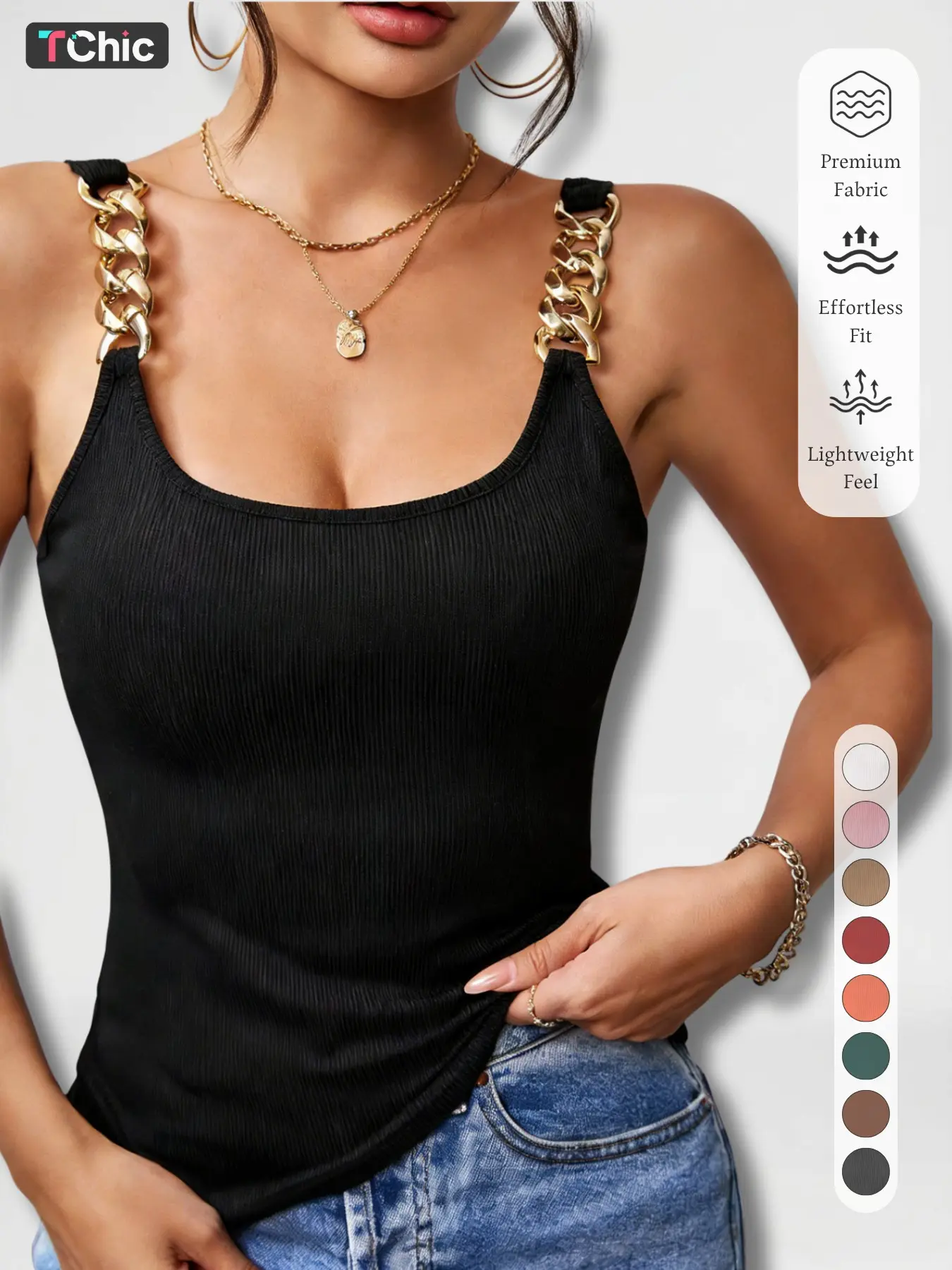 Women's New Square-Neck Striped Tank Top with Chain Shoulder Straps, Elegant Chic Sleeveless Fitted Knit Fashion Slim-Fitting Design (Without Bra Padding), Casual Summer Fashion
