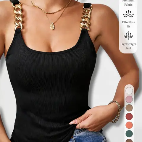 Women's New Square-Neck Striped Tank Top with Chain Shoulder Straps, Elegant Chic Sleeveless Fitted Knit Fashion Slim-Fitting Design (Without Bra Padding), Casual Summer Fashion
