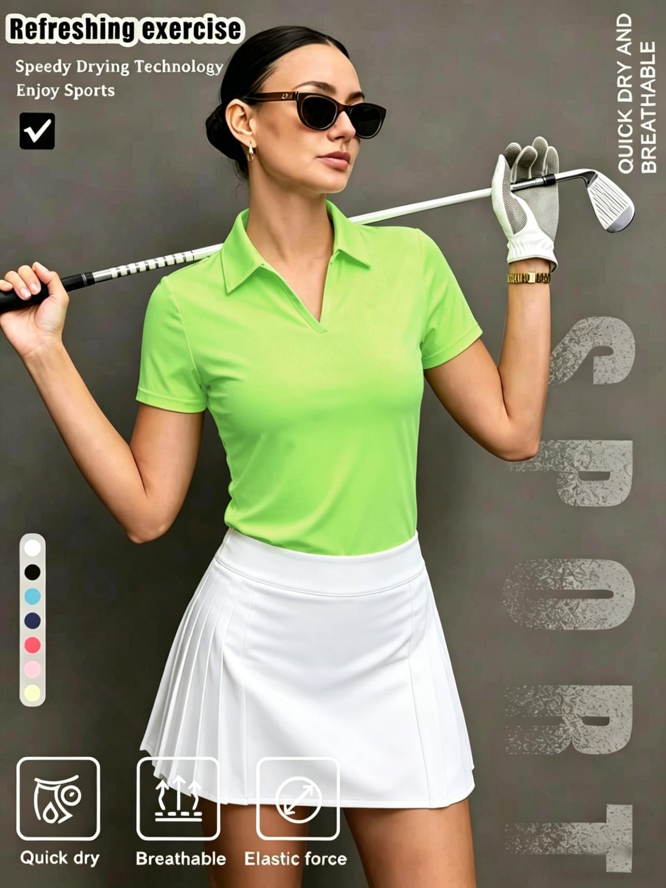 Women's Solid Color Sports Polo Shirt, Athletic Breathable, Breathable Comfortable Short Sleeve Collared Top for Golf Baseball Tennis, Ladies Summer Sportswear, Breathable Workout Tops