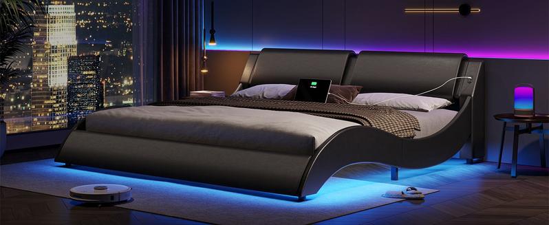 Sikaic Wave Like Curve LED Lighting Bed Frame with Charging Ports and Headboard Black Furniture Home Modern Design Luxury Futuristic Interior Remote Control Technological Sikaic Wave Like Curve LED Lighting Bed Frame with Charging Ports and Headboard Black Furniture Home Modern Design Luxury Futuristic Interior Remote Control Technological