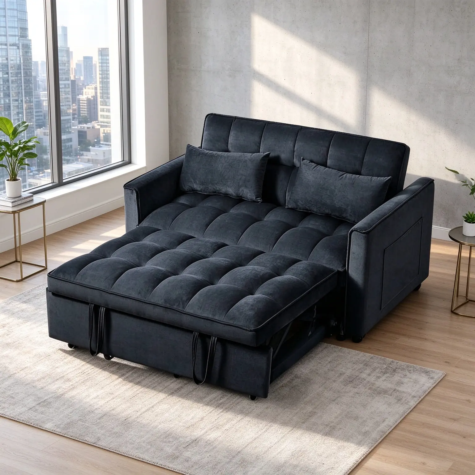 2-Seat Velvet 3-In-1 Convertible Sleeper Sofa Bed - Adjustable Backrest, Side Pocket, Pull-Out Couch for Living Room, Couch for Bedroom