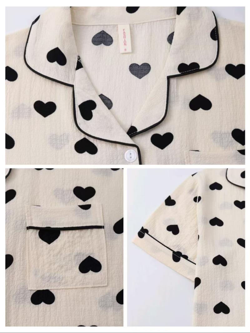 Women's Heart Print Lapel Neck Top & Elastic Waist Shorts Pyjama Two-piece Set, Casual Comfy Short Sleeve Top & Shorts PJ Set, Ladies Sleepwear Loungewear for All Seasons