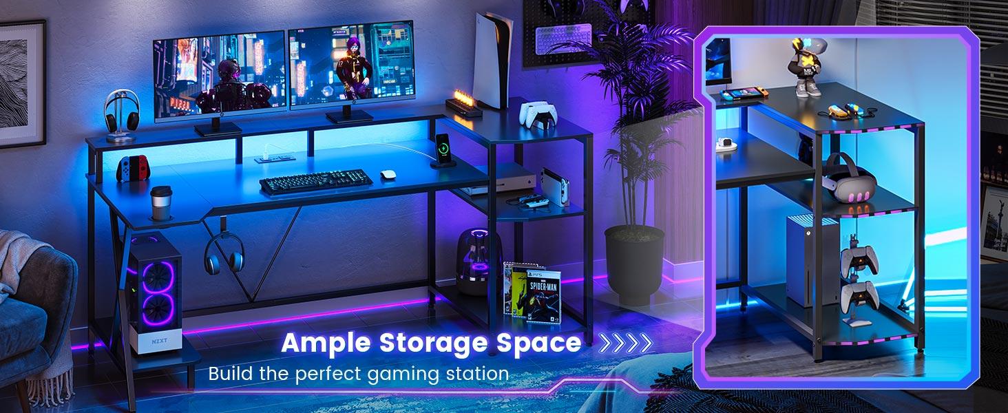 SEDETA 55-inch Gaming Desk with LED Lights and Storage Shelf, Computer Desk with Monitor Stand Power Outlet and Cup Holder Modern Metal Gaming Desk Heavy Duty Table