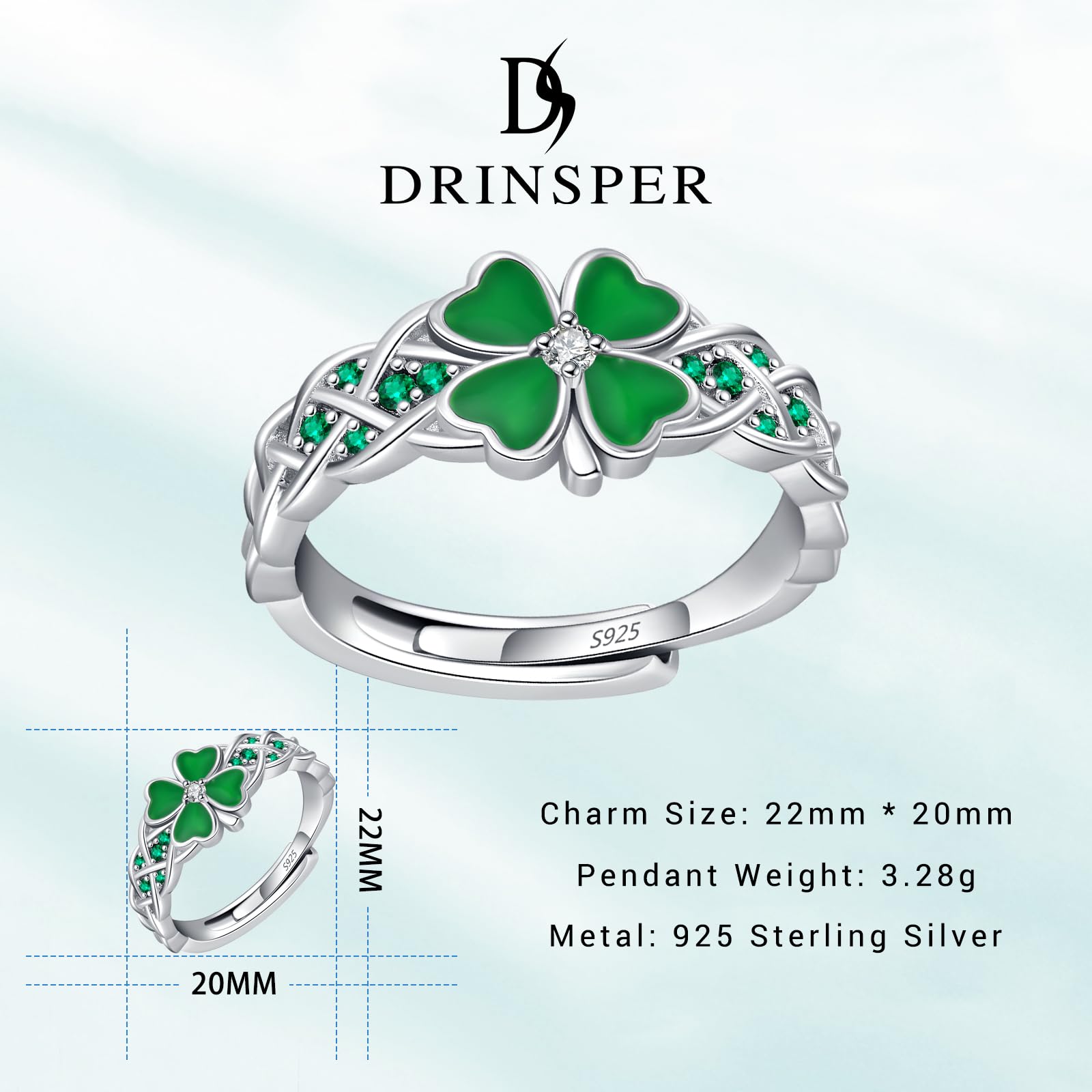 DRINSPER S925 Four-leaf Clover Ring Dainty Lucky Clover Ring with Cubic Zirconia Decor Celtic Knot Design Adjustable Ring St Patricks Day Fashion Green Love Diamond Crystal Jewelry Birthday Gift