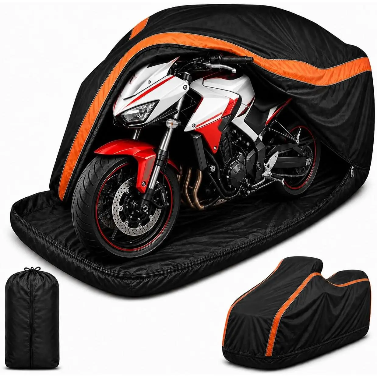 360 °   Fully Enclosed Motorcycle Cover, Waterproof Outdoor Motorcycle Cover with Bottom Zipper, Windproof Drawstring & Cord Lock, UV Rain Snow Dust Protection, Fits Most Street Bikes L(100x45x53inch)