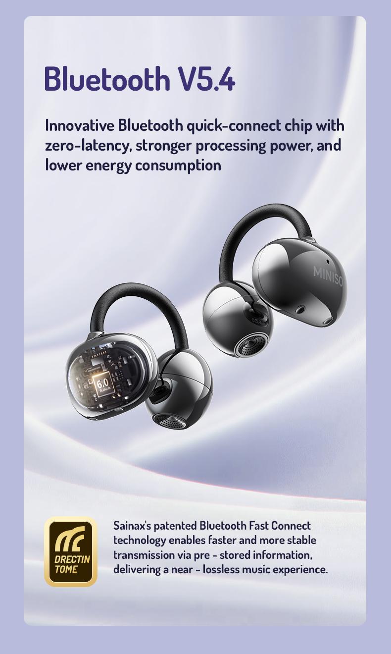 MINISO MS192 Clip on Earbuds Open Ear Wireless BT 5.4 Headphones with Mic and APP, 48H Play, Noise Cancelling, Waterproof, Sports Ear Buds, Comfortable for Ears & Glasses Wearers, Workouts Electronic Audio Headset