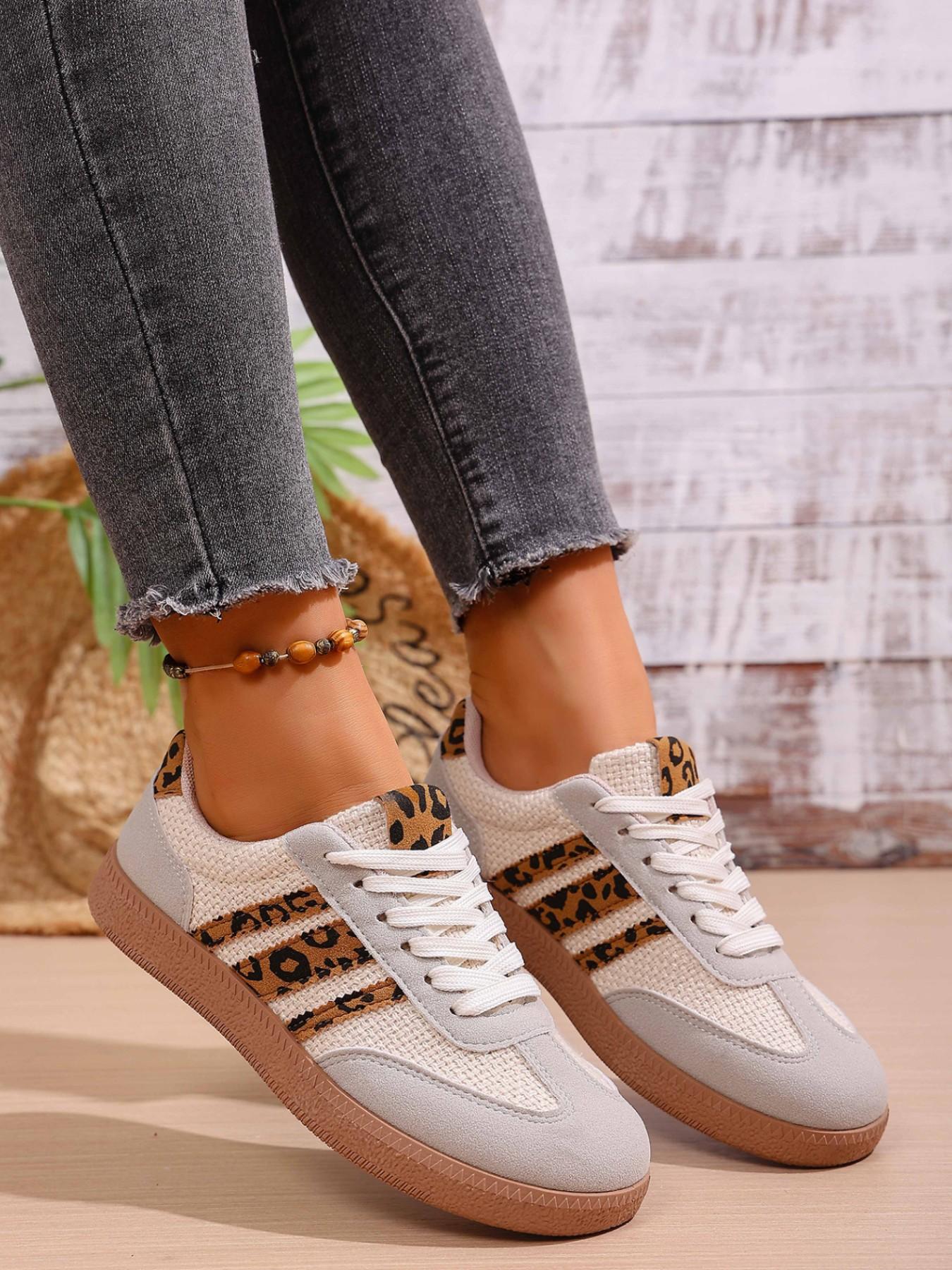 Leopard Print Patchwork Training Shoes, Vintage Three Stripe Casual Agony Shoes, Versatile Women's Footwear, Trendy and Comfortable