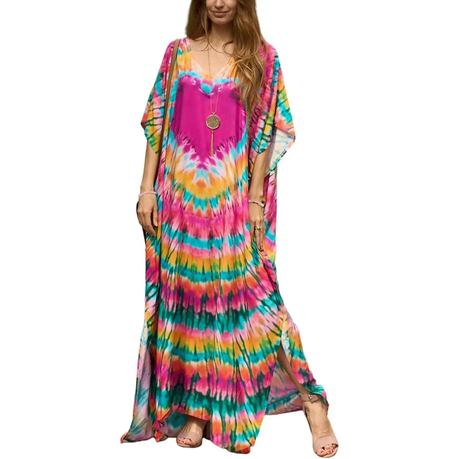 Women's Plus Size Loose Fit Moroccan Print V-Neck Batwing Sleeve Kaftan Beach Cover Up DressGift