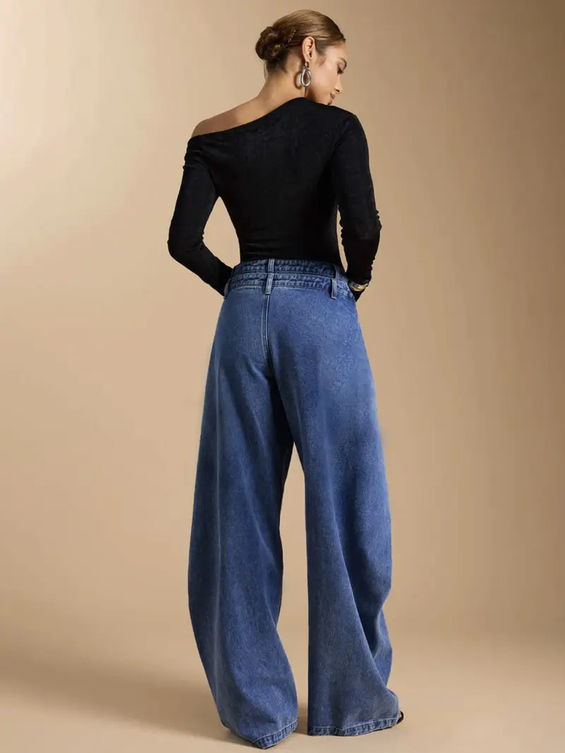 American High Street Retro Blue Women's Fashion Denim Jeans, Trendy Pleated Design, High Waist Wide Leg Pants, Loose Fit, Crossed Waistband, Versatile Style