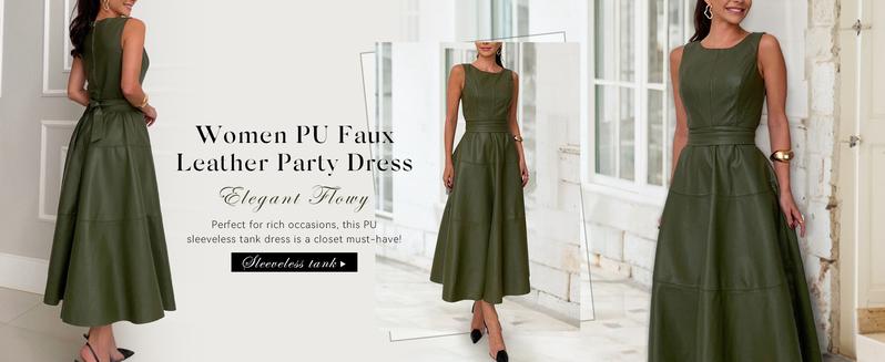 CHARTOU Women's Summer and Autumn Sleeveless PU Faux Leather Dress Elegant Flowing Maxi Dress with Belt