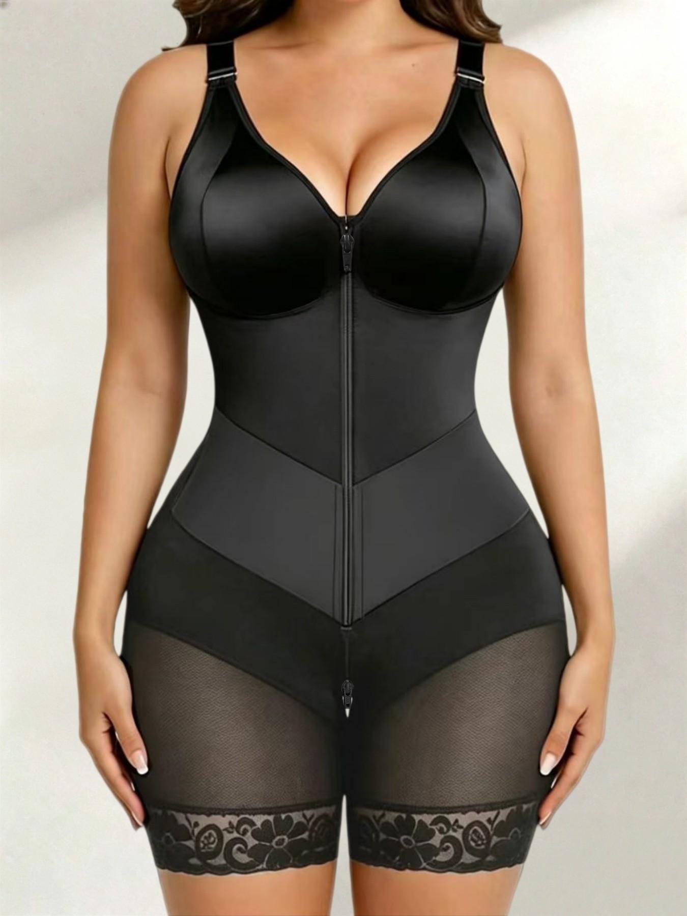 Women's Soft Breathable Full Body Colombian Underwear Shapewear Bodysuit, Zipper Closure Lace Trim Body Shaper with Adjustable Straps, Skin-Friendly V-Neck Shapewear for Special Occasions