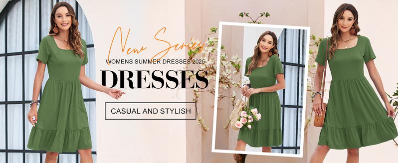 AUSELILY Womens Dresses 2025 Casual Short Sleeve Dress Square Neck A-Line Ruffle Sundress with Pockets