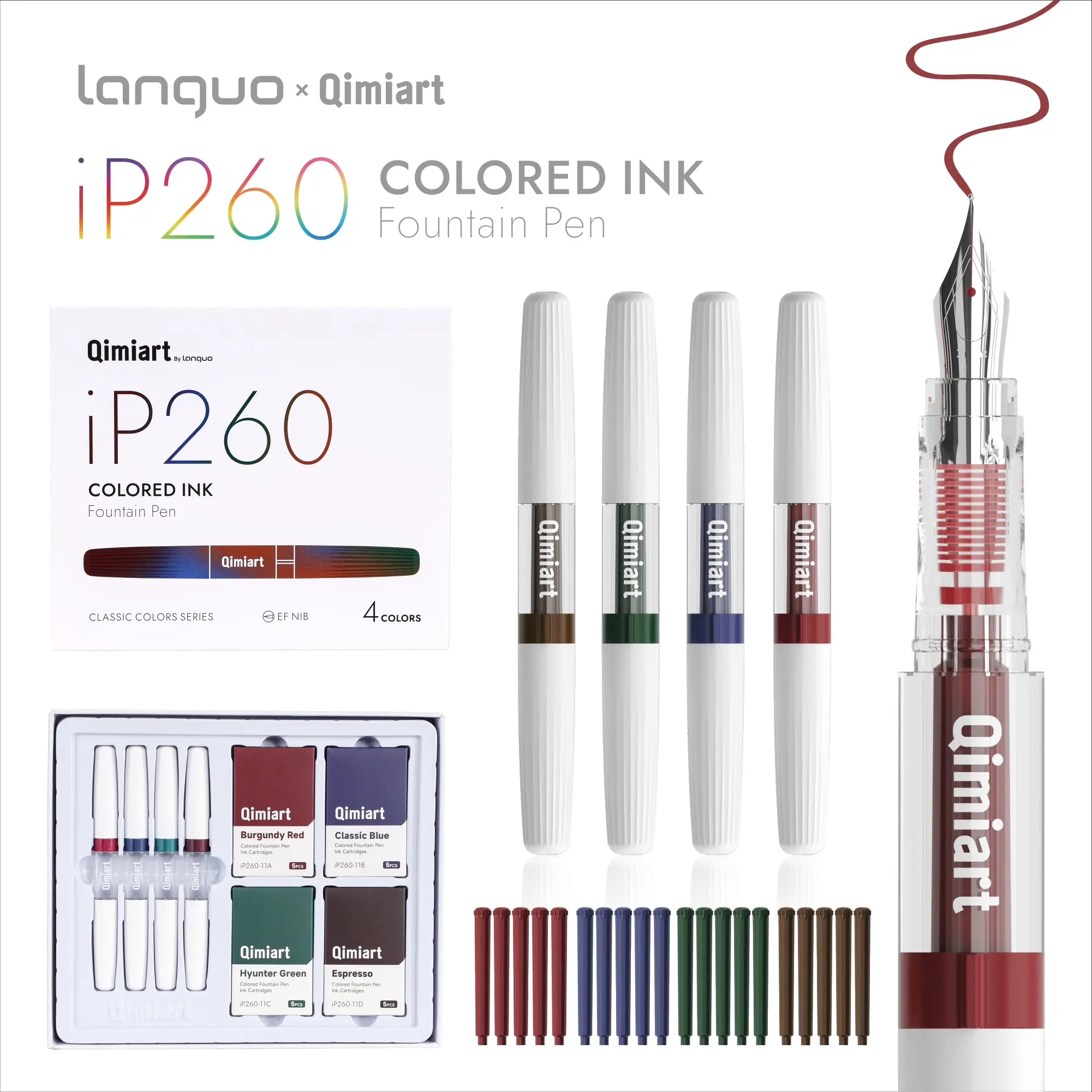 LANGUO 24Pcs Calligraphy Pen Set, Aesthetic Pens, 4 Extra Fine Nib Fountain Pens + 20 Color Ink Refills, Smooth Writing for Handwriting, Note-taking, Signature & Drawing, Ideal for Holiday Cards, Office & Back-to-School Gifts