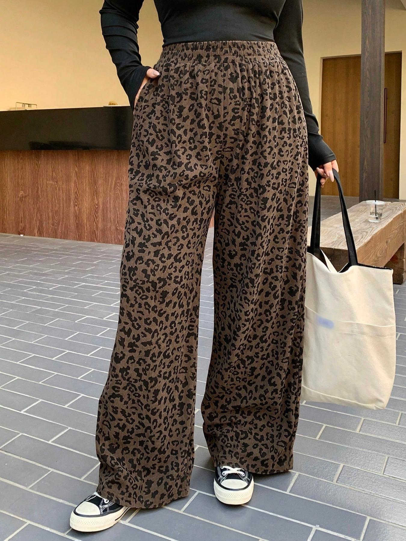 Plus Size Women's Loose-Fit Leopard Print Corduroy Pants with Elastic Waistband, Coffee-Colored Long Pants for All Seasons, Perfect for Back to School and Casual Dates, Casual Fashion Pants