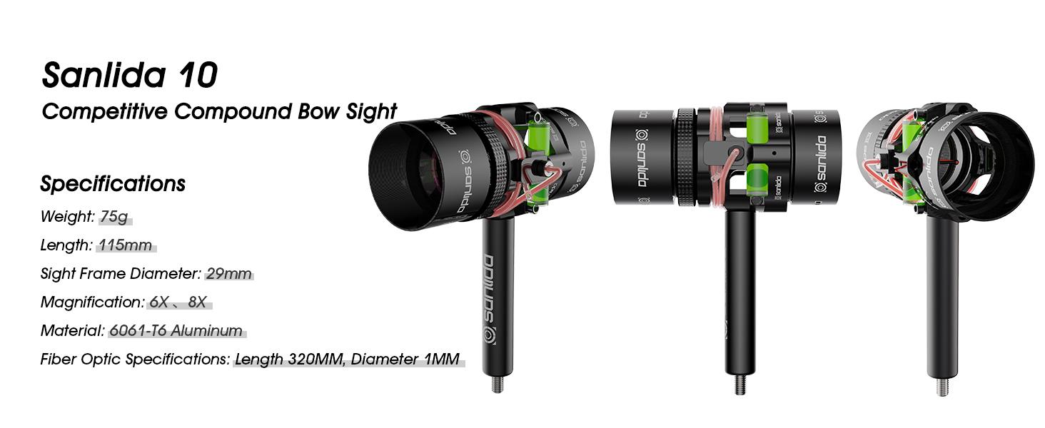 Sanlida Archery Hero10 Advanced Target Compound Bow Sight Scope with 6X＆8X-Aluminum Machined - Right and Left Handed