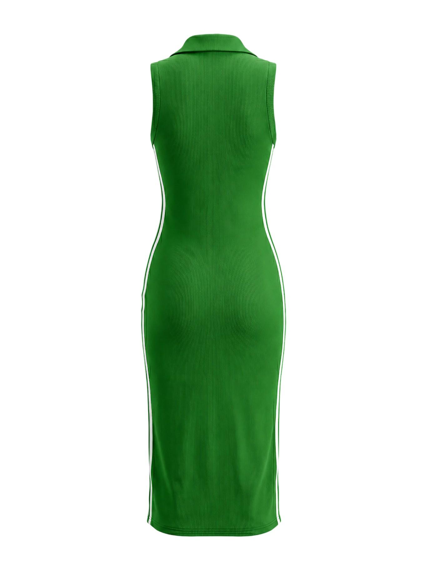 Polo Neck Sleeveless Side Stripe Slim Fit Bodycon Midi Dress, Versatile Summer Office, Casual and Streetwear