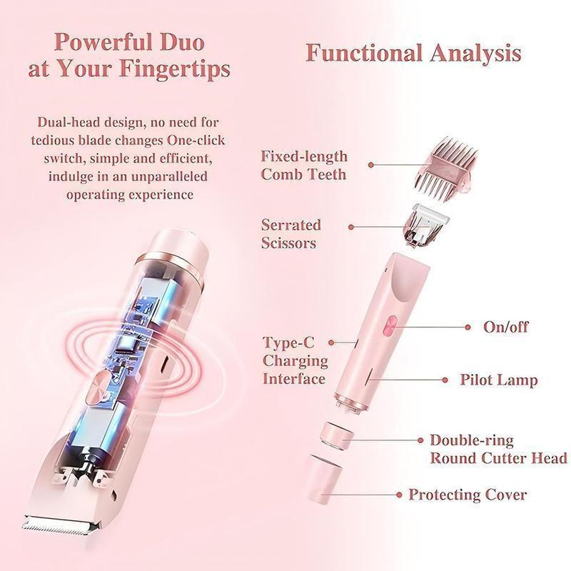 2-in-1 Bikini Trimmer for Women, Cordless Charging Trimmer, Wireless Hair Trimmer, Electric Shaver and Razor Rechargeable Body and Facial Epilator, Dual Heads for Painless Trimming of Pubic Hair and Legs, IPX7 Waterproof, Christmas Gift New Year Gift