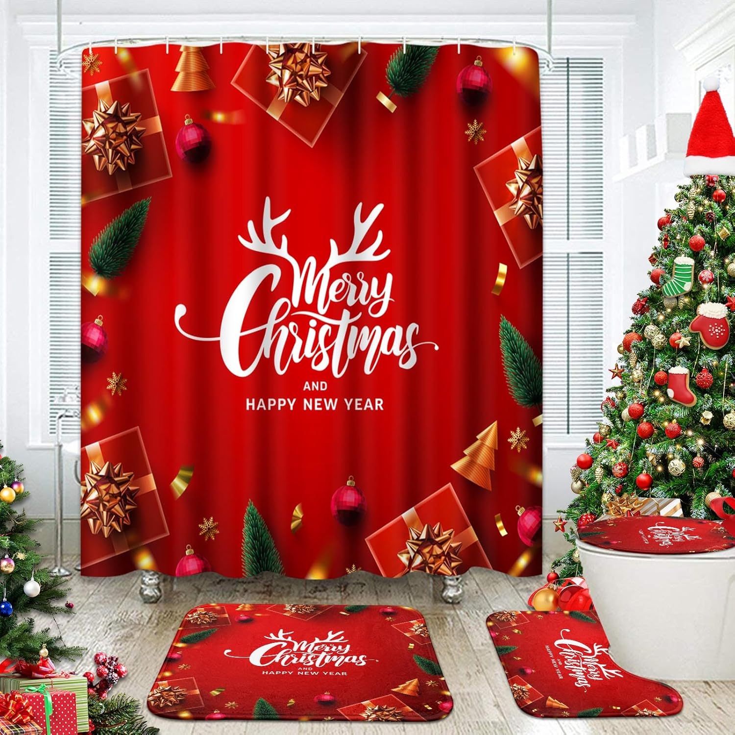 4 Pcs Shower Curtain Set Merry Christmas Happy New Year with Non-Slip Rugs Toilet Lid Cover and Bath Mat Bathroom Decor Set