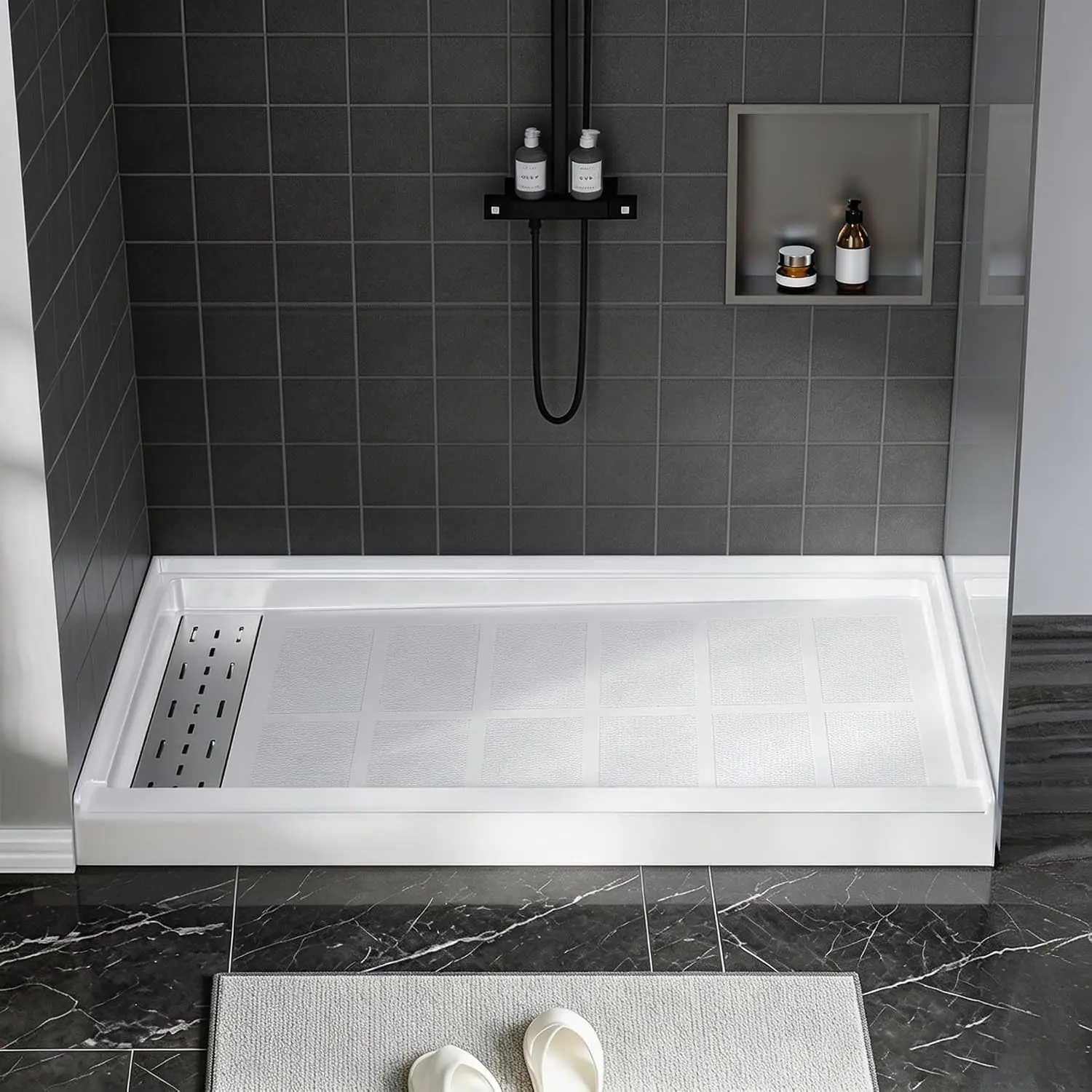 White Non-Slip Shower Bases and Pans in Multiple Sizes (48x32, 60x30, 60x36 inches) with Left, Right, or Center Drains, Stainless Steel Covers, Single Threshold, Flanged Edges, and Polyester or Solid Surface Materials