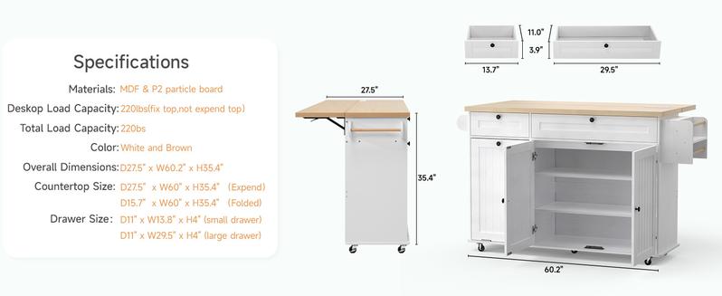 【Valentine's Day gift】ONBRILL 60" Kitchen Island with Power Outlet & Drop Leaf, Kitchen Rolling Island with Spice Rack & Towel Rack, Knife Holder, Kitchen Island Cart with Trash Storage Cabinet, Mobile Island Table for Kitchen