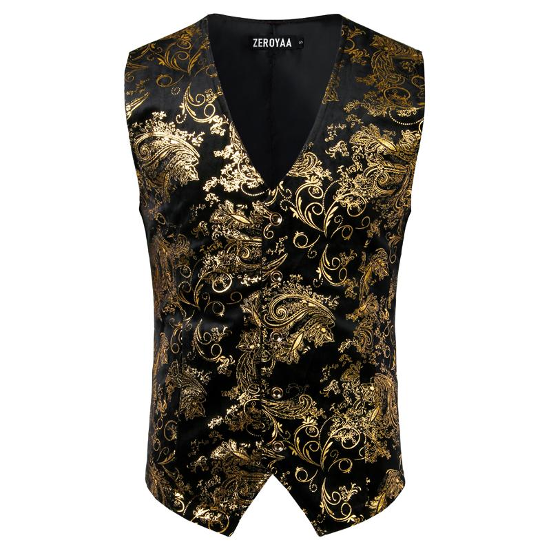 ZEROYAA Mens Hipster Metallic Paisley Printed Single Breasted V-Neck Suit Vest/Tuxedo Waistcoat Shirts Tops Elegant Floral funny shirts father's dad gifts