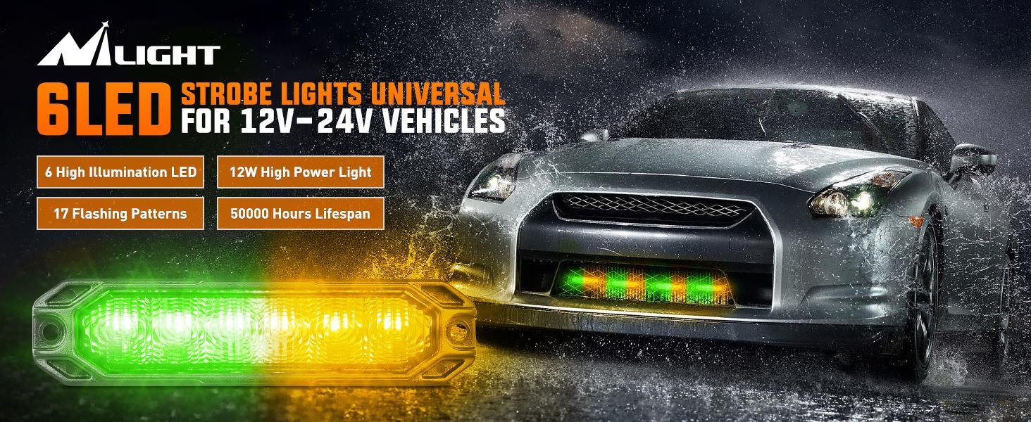 Nilight 4PCS 6LED Amber & Green Strobe Lights – Surface Mount Flashing Lights with Sync Feature | Ultra Slim 12V/24V for Cars, Trucks, Vans & Off Road Vehicles