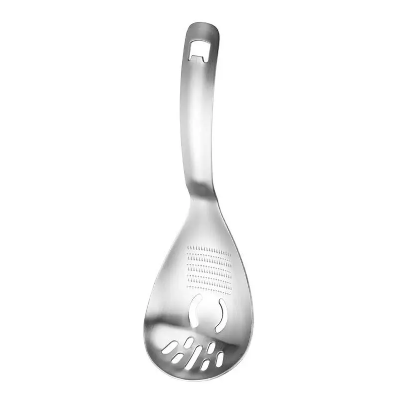 5-in-1 Stainless Steel Kitchen Spoon Masher, Grater & Strainer Cooking Utensil with Built-In Opener