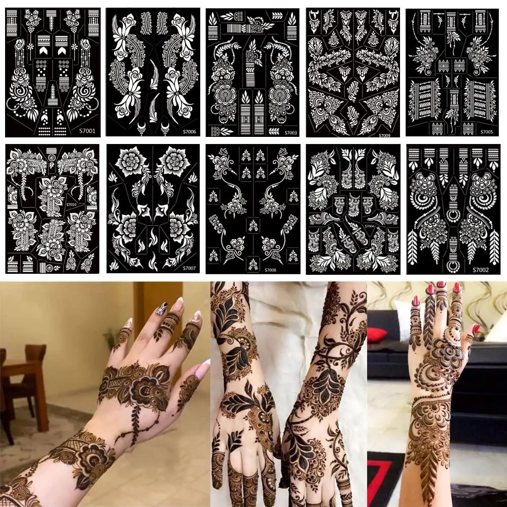 10 Sheets Henna Tattoo Stencils, Temporary Tattoo Template for Arm Hand |   10 Pair Indian Arabian Glitter Airbrush Tattoo Stickers, Black Mehndi Stencils for Face Body Paint DIY