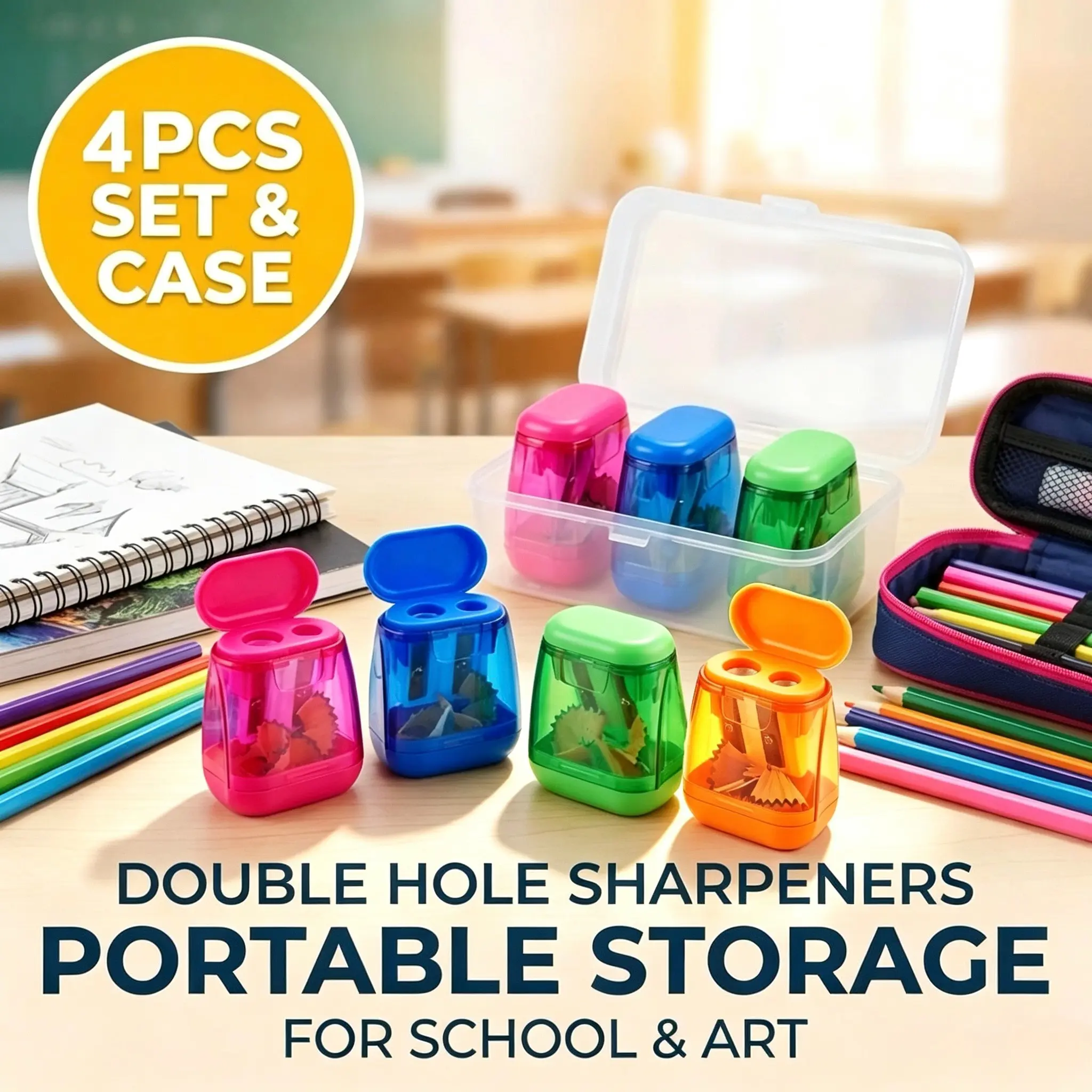 4pcs Dual-Hole Pencil Sharpener Set with Storage Box, Manual Pencil Sharpener for School Art Supplies, Portable for Standard and Large Pencils