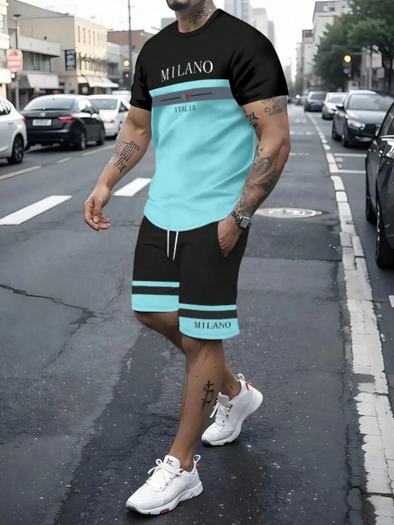 Italian Milan Style Man Two-Piece Set, Menswear, Colorblock Design, Casual Fitted Short Sleeve Round Neck Top and Shorts, All Seasons Fashion, Outfit