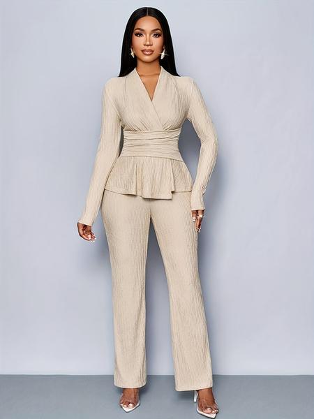 Women's Apricot Color Elegant V Neck Long Sleeve T-Shirt And Wide Leg Pants Two Piece Set, Asymmetrical Hem Two-Piece Outfits, Casual Daily Wear