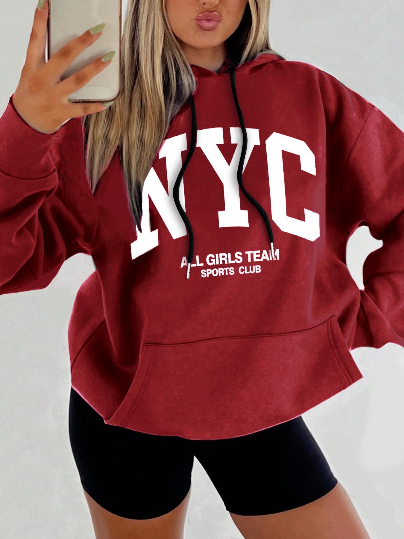 Women's Letter Print Drop Shoulder Hoodie, Fashion Casual Drawstring Pocket Hooded Sweatshirt for Daily Holiday Outdoor Wear, Women Clothing for Fall & Winter