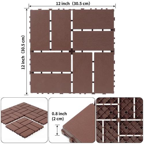 Plastic interlocking decking tiles, 44 packs of terrace decking tiles, 12“ x 12” waterproof for all-weather use, backyard pool decking tiles, Brown