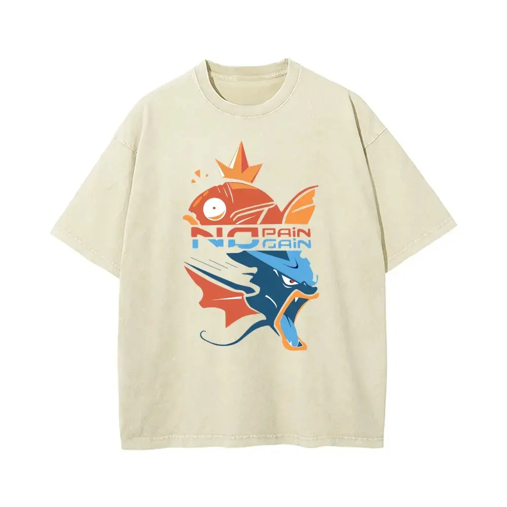 Men's Oversized Loose Fit Stretch Casual Short-Sleeve Washed  T-Shirt - Pocket Monsters Magikarp Gyarados Evolution "No Pain No Gain" Graphic, Retro Vintage Distressed Unisex Anime Streetwear Top