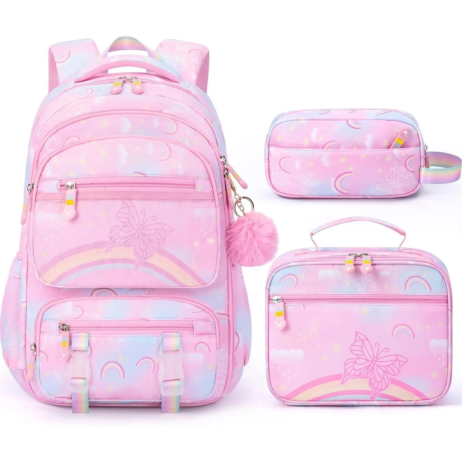 3 count  Backpack for School Girls with Lunch Box & Pencil Case |  Rainbow & Butterflies Girls Backpack, Lightweight School Bookbag for  Elementary School Students Teens