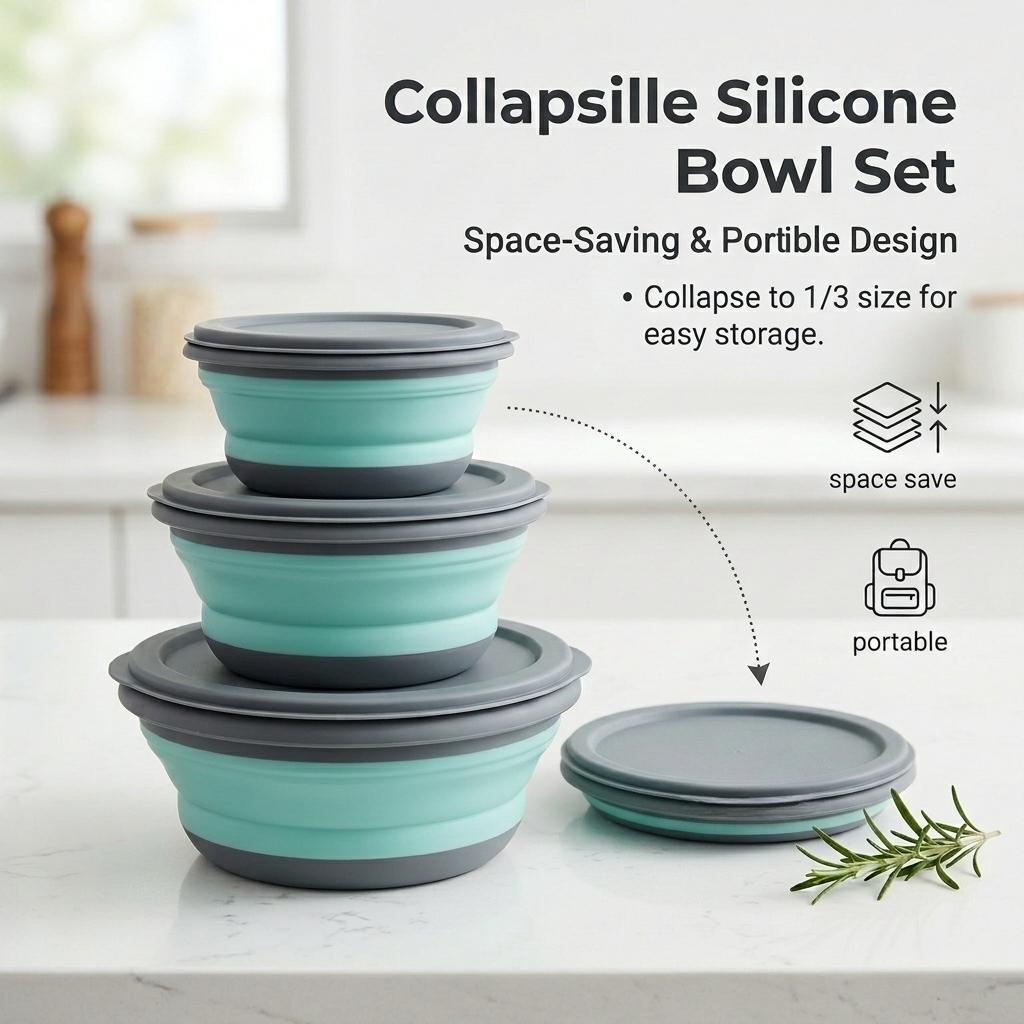 3-Piece Collapsible Silicone Bowl Set with Leak-Proof Lids, BPA-Free Stackable Food Storage Containers, Space-Saving Design, Great for Meal Preparation, Camping, Travel, Picnic and Daily Kitchen Storage