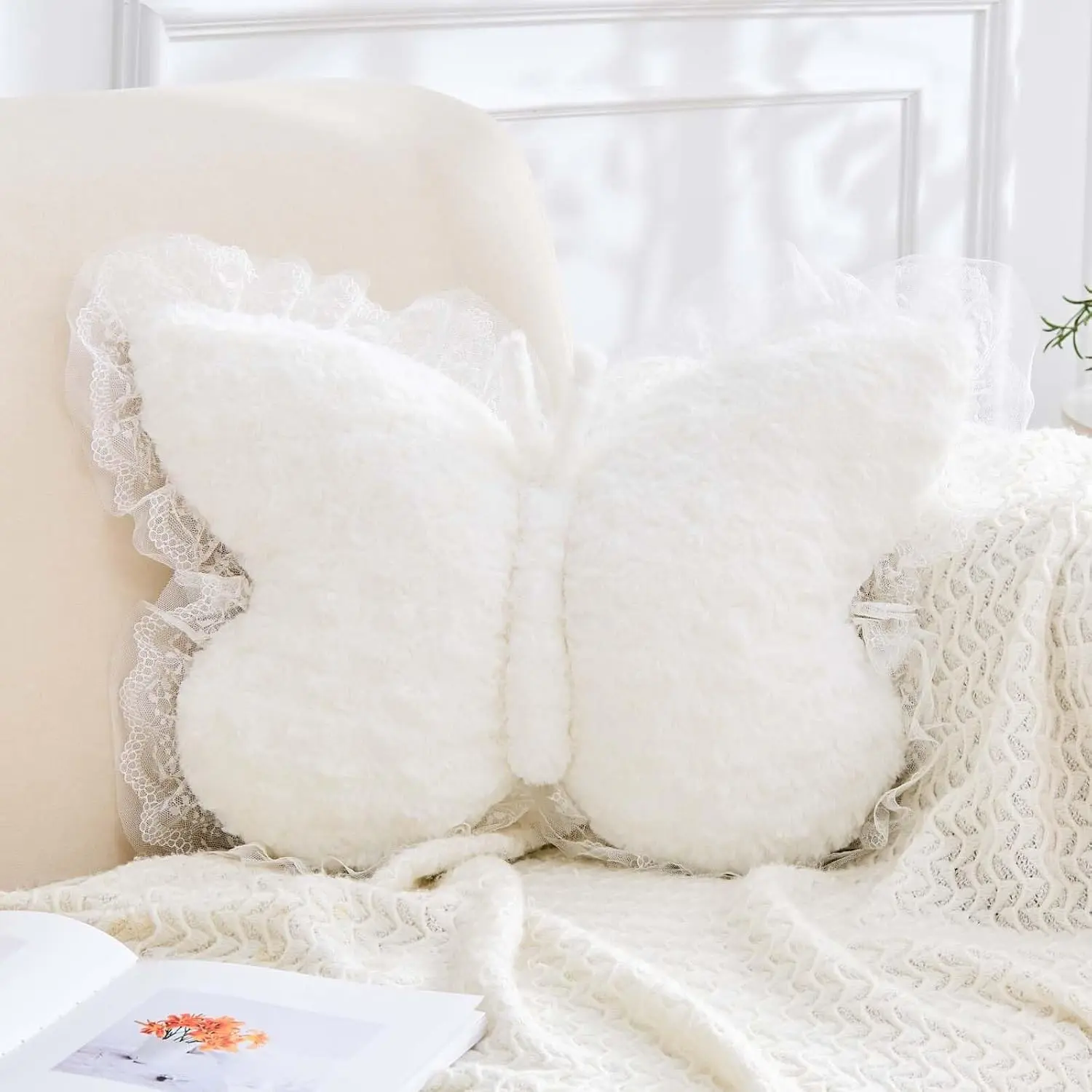 White Butterfly Shaped Throw Pillow 15" with Lace Aesthetic Bow Plush Cushion for Room Decor Bed Sofa CouchGift