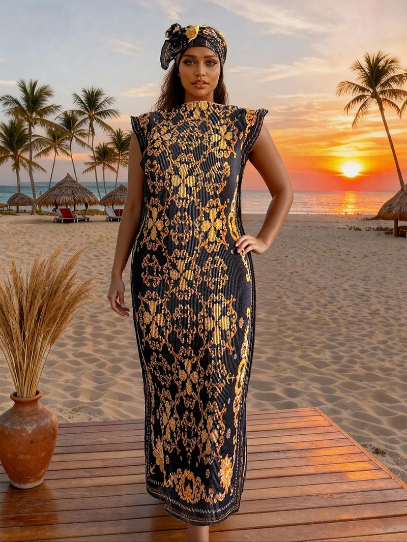 Women's Elegant Animal Print Long Dress Set, Slim-Fitting Moo Moo Skirt & Scarf, Beach Sun Protection Shawl, All Seasons Fashion
