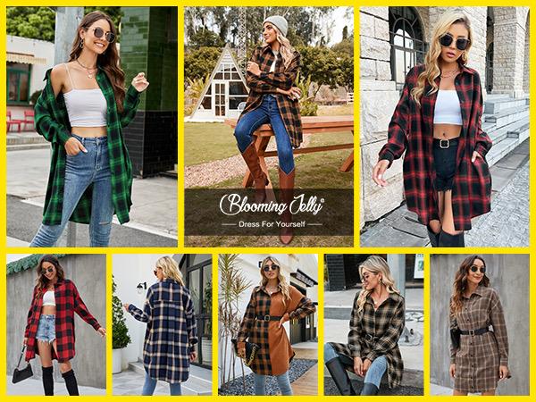 Blooming Jelly Women's Button Down Flannel Shirts Plaid Shacket Long Sleeve Collared Long Jacket Coats