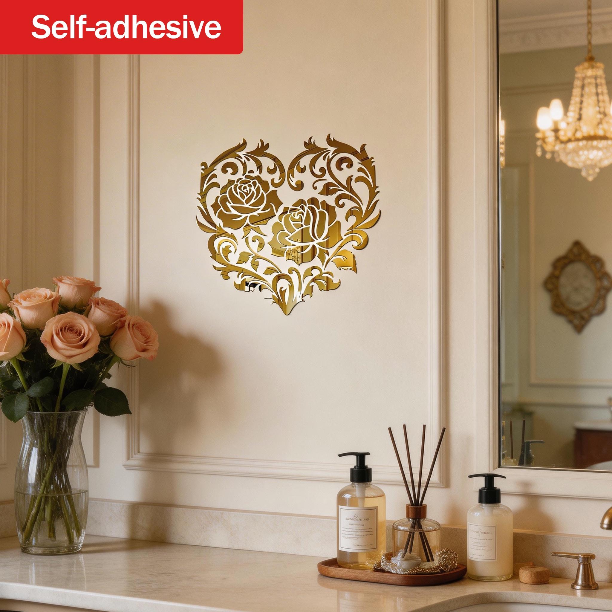 Mirror Rose Heart Art Self-Adhesive Wall Hanging Makeup Mirror, Romantic Decorative Wall Mirror for Living Room Bedroom, Luxury Atmosphere