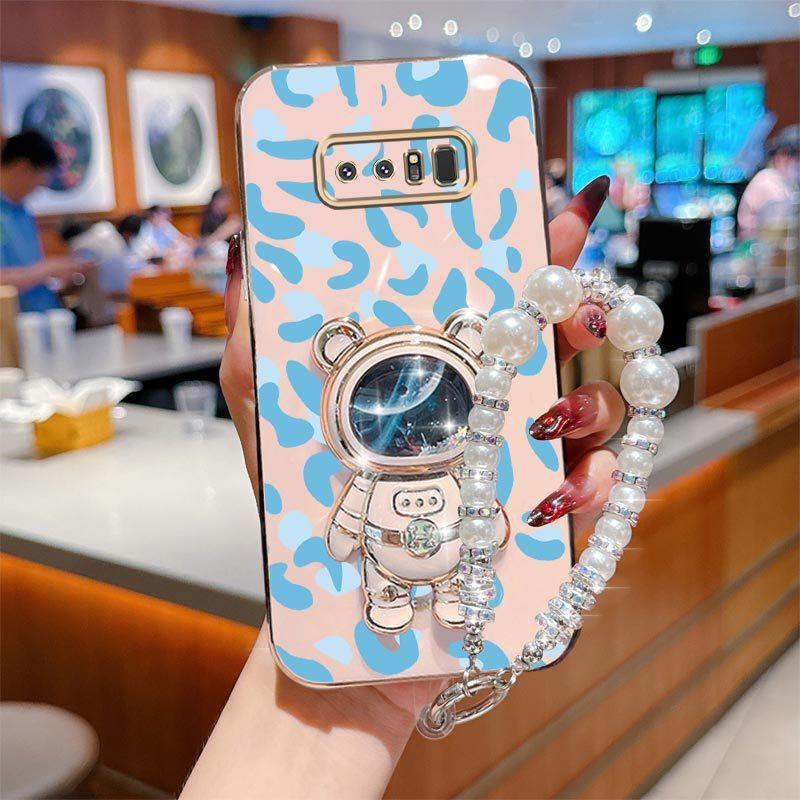 Note 8 Fashion Series Pearl Strap Lanyard Phone Holder Case For Compatible With Samsung Galaxy Note 8 Plating Cover and Elegant Blue Luxury Leopard Print Little Bear Protector Cases