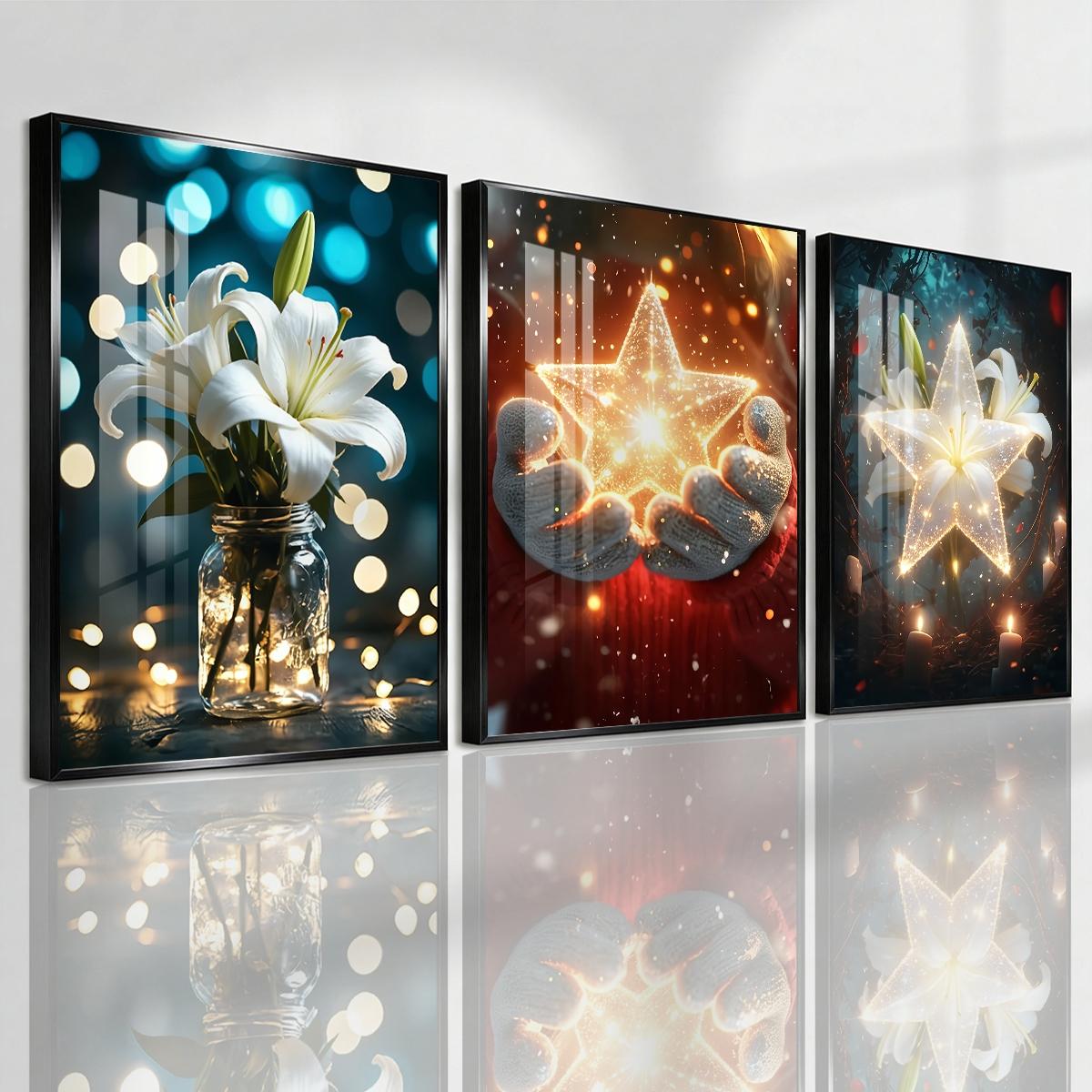 3 Counts Aluminum Alloy Framed Painting, White Lily And Glowing Star Art Pictures, Home Decoration For Living Room, Bedroom, Office, Restaurant, Hallway Wall Decor, Odorless Print Artwork, Luxury Perfect Gift For Friends And Family