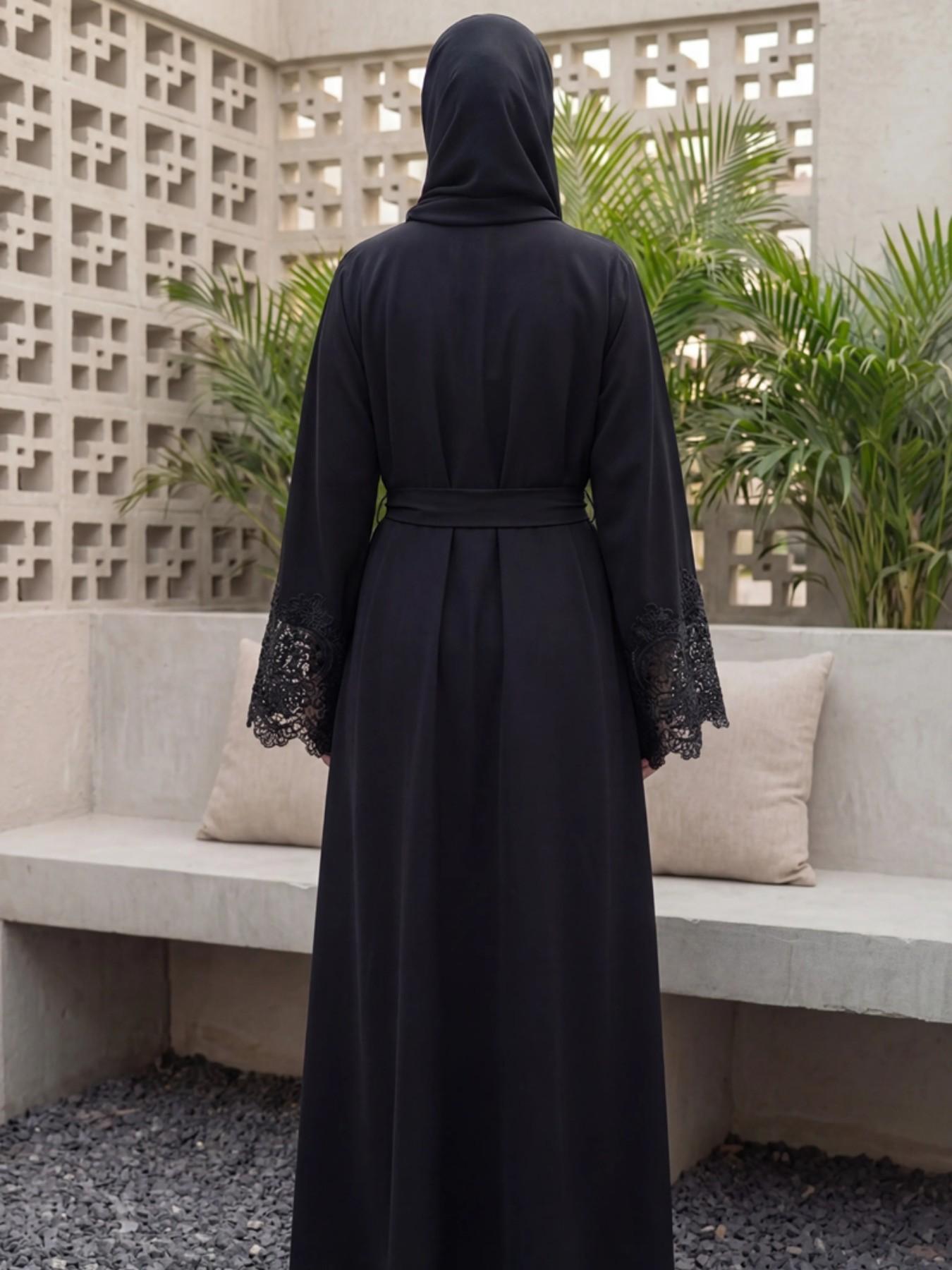 Elegant Hand Embroidered Lace Modesty Belted Abaya Dress, Simple Fashionable One-Piece for Daily Wear, Casual Prayer