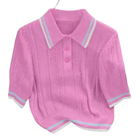 Women's Knitted Short Sleeve Lapel Sweater, Fashion College Style Casual Design, Summer High-Quality Hollow Out Women's Top, Knitted Polo Shirt
