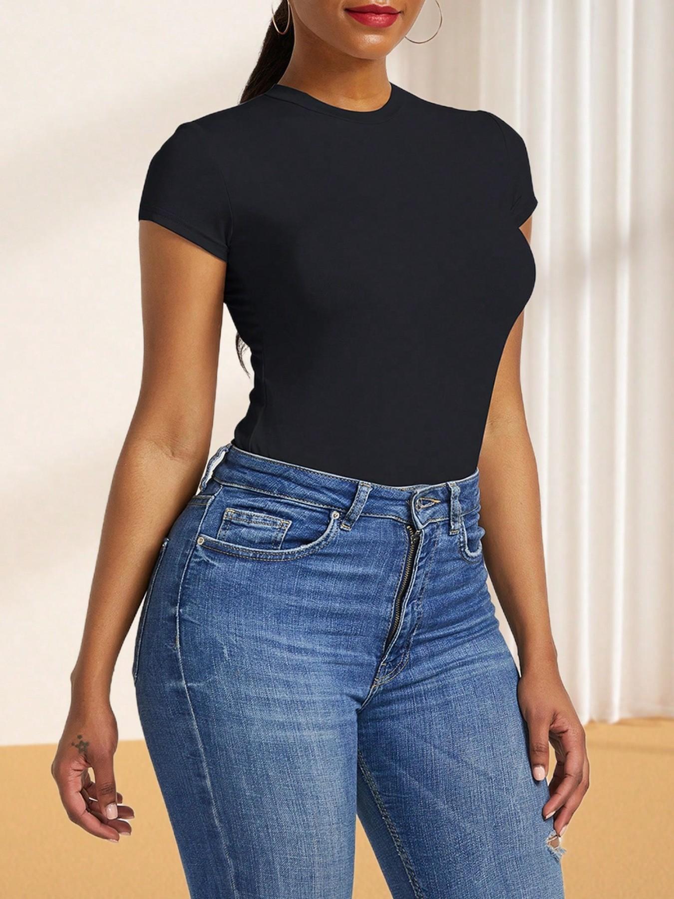 Body Suits for Womens Short Sleeve Round Neck Casual Stretchy Basic T Shirt Bodysuit Tops Underwear
