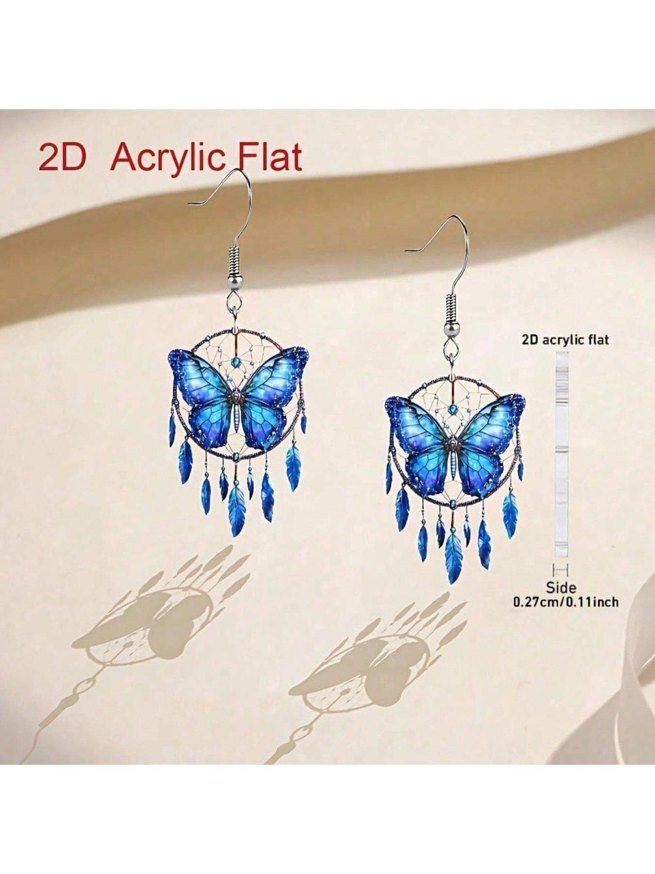 a pair of Bohemian style blue butterfly dream catcher earrings - acrylic double-sided printing, lightweight and suitable for casual dressing/parties, perfect gift for lovers, exquisite party butterfly pattern accessories, Mother's Day gift
