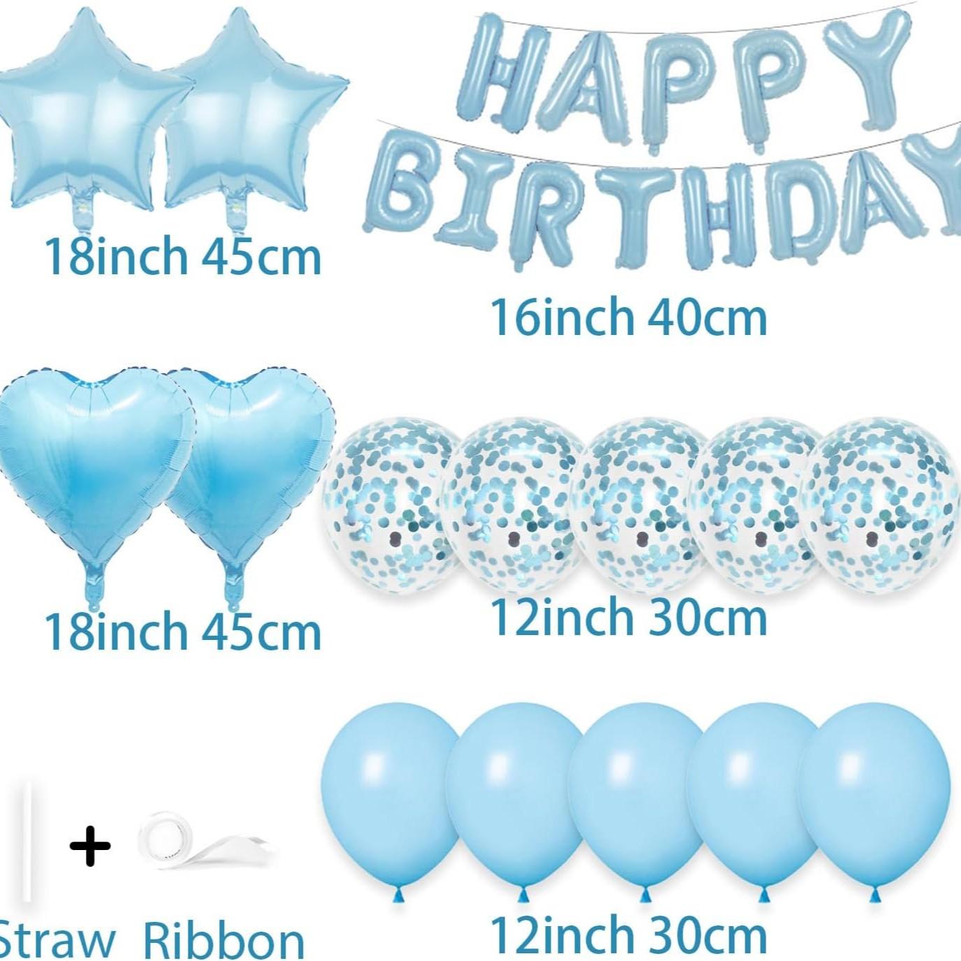 29 Pcs Light Blue Birthday Decorations, 3D Letters Light Blue Happy Birthday Balloon Banner, Pentagram Heart Foil Balloons Confetti Balloons Kit For Boys Girls Birthday Party Supplies